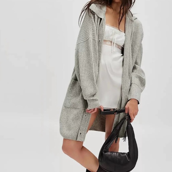 Free People Sandstorm Heather Grey Soft Button Emmy Long Cardigan Sweater - Picture 5 of 16